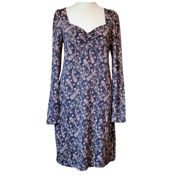 NWT Boden Paisley Fitted Jersey Dress Long Sleeve Sweetheart Neck Size 8R